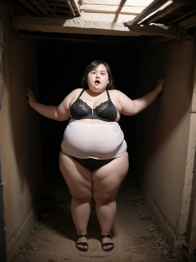 Very fat  girl , obese , agevery fat body , in underground prison ,face excited , full body, panties , bra