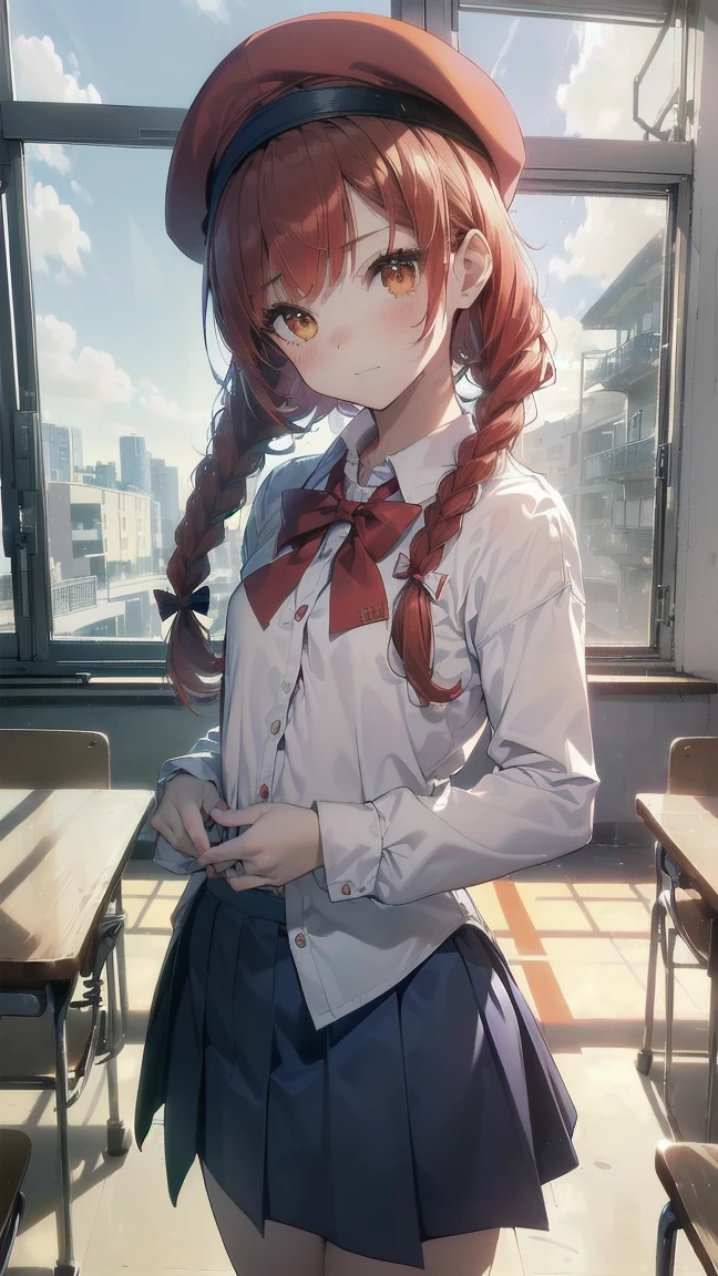 ((maximum quality, ultra detali, high resolution, extremely detailed CG, unity wallpaper 8k, by famous artist, Perfect Anatomia, super detailed skin, cinematic lighting, ultra HD, retina, anatomically correcte, 1080P)), (Por favor, draw a single happy girl walking in a classroom :1.3), ((1 girl)), (standing alone, face,18 years old:2.0), a high school student, ((beautiful little, chibi, baby face)) Androgynous charm, (medium hair, ((full red hair)) ((redheadwear)), braids, bangs straight, with a bow in the hair, ((very thin flegs)), ((skinny flegs, cos magro, small building)), Full members, complete fingers, ((Perfect fingers and hands)), flat-chested, breasts small, cos , small ass, crotch, Beautiful full and detailed yellow gold eyes, perfects eyes, Marin , ((blue skirt)) and white blouse, ((red bow on blouse)), blue Marin collar, manga curta, without stockings, (detailed lighting), ((classroom background)), (Detailed context of the scenario), ((in the school zone)), visão de cos inteiro, ((standing)), flegs. cute, kawaii single girl (A girl), tiro de cos inteiro. ((The background is the school)), cos frontal, ((Left Hand Up, right hand down)), ((cos de jovem de 13 anos:1.3)), ((perfect hands and fingers:1.0)) ((having sex))1.1