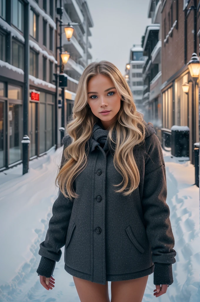 professional portrait photograph of a gorgeous Norwegian girl in winter clothing with long wavy blonde hair, sultry flirty look, gorgeous symmetrical face, cute natural makeup, wearing elegant warm winter fashion clothing, ((standing outside in snowy city street)), stunning modern urban environment, ultra realistic, concept art, elegant, highly detailed, intricate, sharp focus, depth of field, f/1. 8, 85mm, medium shot, mid shot, (((professionally color graded))), bright soft diffused light, (volumetric fog), trending on instagram, hdr 4k, 8k