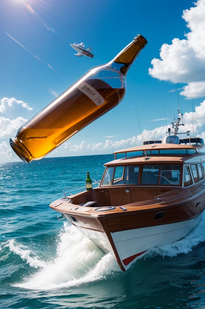 A bottle flying over a boat in the sky