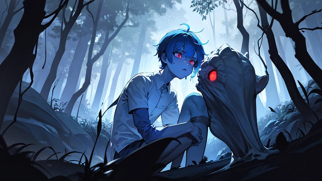 A scary boy with powerful blue eyes, short white shirt, with short pants, sitting in a scary forest with trees with faces and powerful red eyes, (Smoke around in an epic way), ((Best Quality)), cold and scary color palettes.