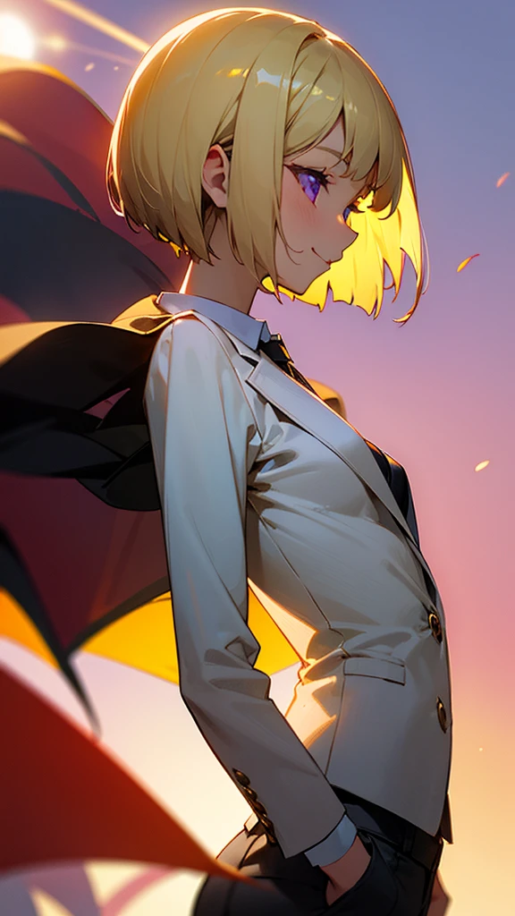 1 Girl、anime painting、Upper body close-up、profile、Natural Proportions、thin、Small breasts、smile、White skin、(blonde)、Bobcut、Beautiful purple eyes、White shirt、Black work trousers、Black Fitted Blazer、Slender body、Upper body close-up、生意気なsmile、Squint your eyes、Park in the background、sunset、Soft lighting.