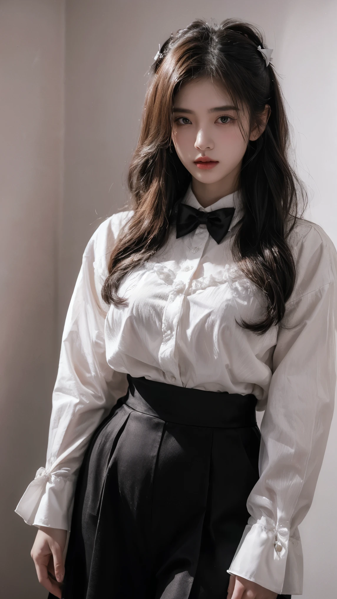 21yo girl,long hair is styled in loose waves,(angry face),(angry),(formal girl),(minimalist), wearing a white blouse with a large bow tie at the collar and thin black stripes, natural big breast, show big thigh, plump body,single sidelock hairpin blush modern cinematic lighting,ray tracing,drop shadow wide shot UHD,textured skin,high details,(below 1.2),best quality 4K