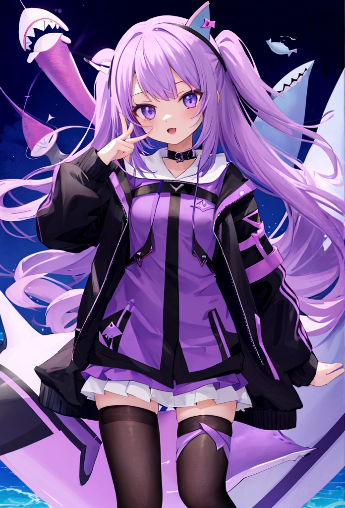 Girl, White skin, dark Purple short and messy hair with a black flower crown, Black oversized closed hoodie with a red stripe and with a hood over the head, Black skirt, Black thigh high heel boots, A long purple scarf, Purple eyes, 2 galactic wings, Starry night background.