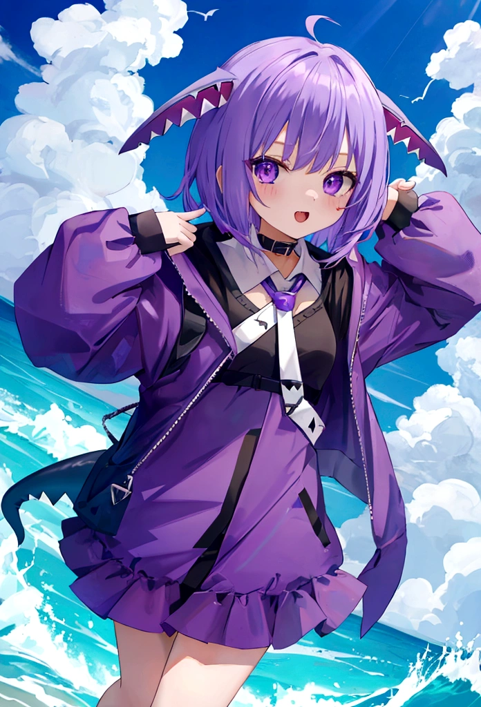 cute shark girl, vtuber, ager, purple color shark costume, hime haircut, short body,