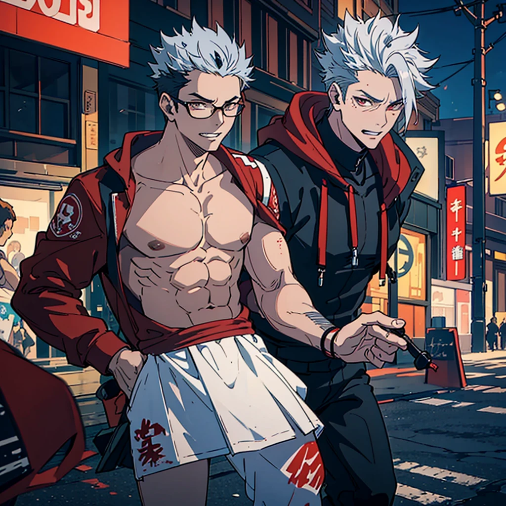 Perfect anatomy and highly detailed face, Delicate depiction of the eyes, Accurate drawing, Beautiful Hair, Detailed Background, Edgy, Depiction of a single male human in combat, The subject is only one man in his late 20s., Red hoodie and black pants, Warm, loose-fitting clothing, , A casual fashion style where you wrap your jacket around your waist, Tanned or deep brown skin, Her distinctive white or silver hair is tied in a short ponytail., He wears his distinctive trademark thick black-rimmed glasses., Modest earrings, Mafia with a cynical smile, A Villain with a Very Deep Wound, A sarcastic man with a malicious smile, A young man with narrowed eyes smiling, I have inner loneliness, Deep down, I feel like life is hard, Jealousy and envy towards successful people, The insight and resignation that come from hard work and failure, Perverse Desperation, Sword in a sheath, A mercenary with a scimitar on his belt, Wielder of a sheathed sabre, The scene of a large-scale indiscriminate terrorist attack, Burning and collapsing building,