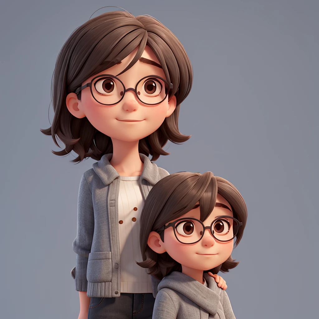 Short woman with shoulder-length hair , gray mix, round but thin face, black round mid-face glasses, chin a little out