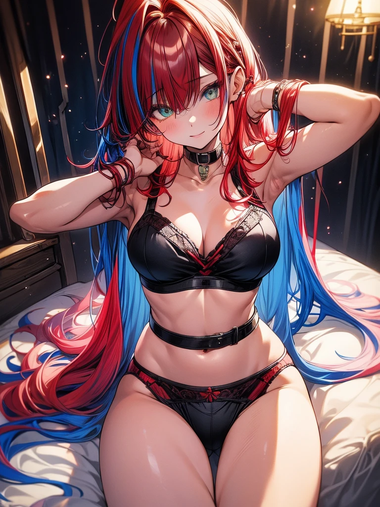 (masterpiece, best quality), 1girl, solo, (red streaked hair), (blue hair), green eyes, slim, large breasts, long hair, sexy, bed, arms out, balck bra, pink panties