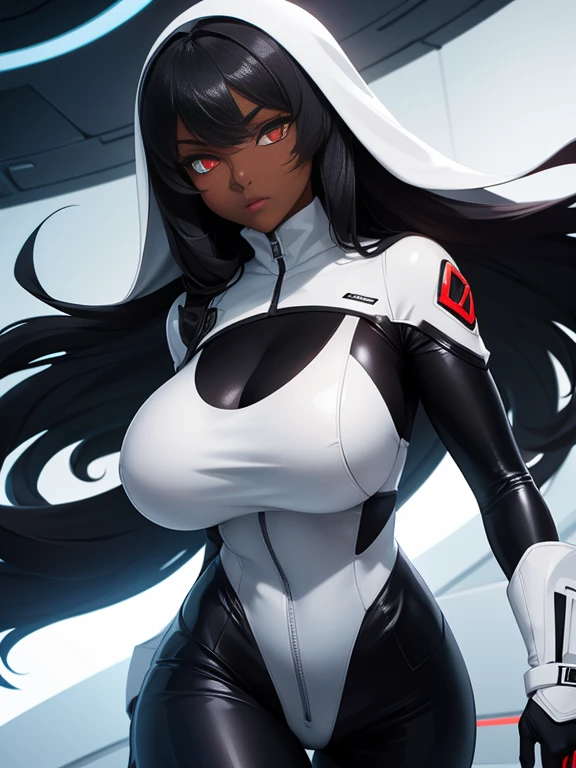 girl, With big breasts, with white or futuristic spy suit, long black fur, crimson eyes, dark ebony skin.