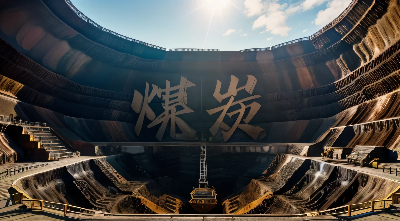 best quality, masterpiece, Realistic photos, Intricate details, RAW photos, Extremely detailed, colliery,Minecart,(Large open pit mine:1.5),Coal conveyor belt,Bird's eye view,sunny,Sunlight,White Cloud,The lens is from top to bottom,Coal Hill,field,outdoor,