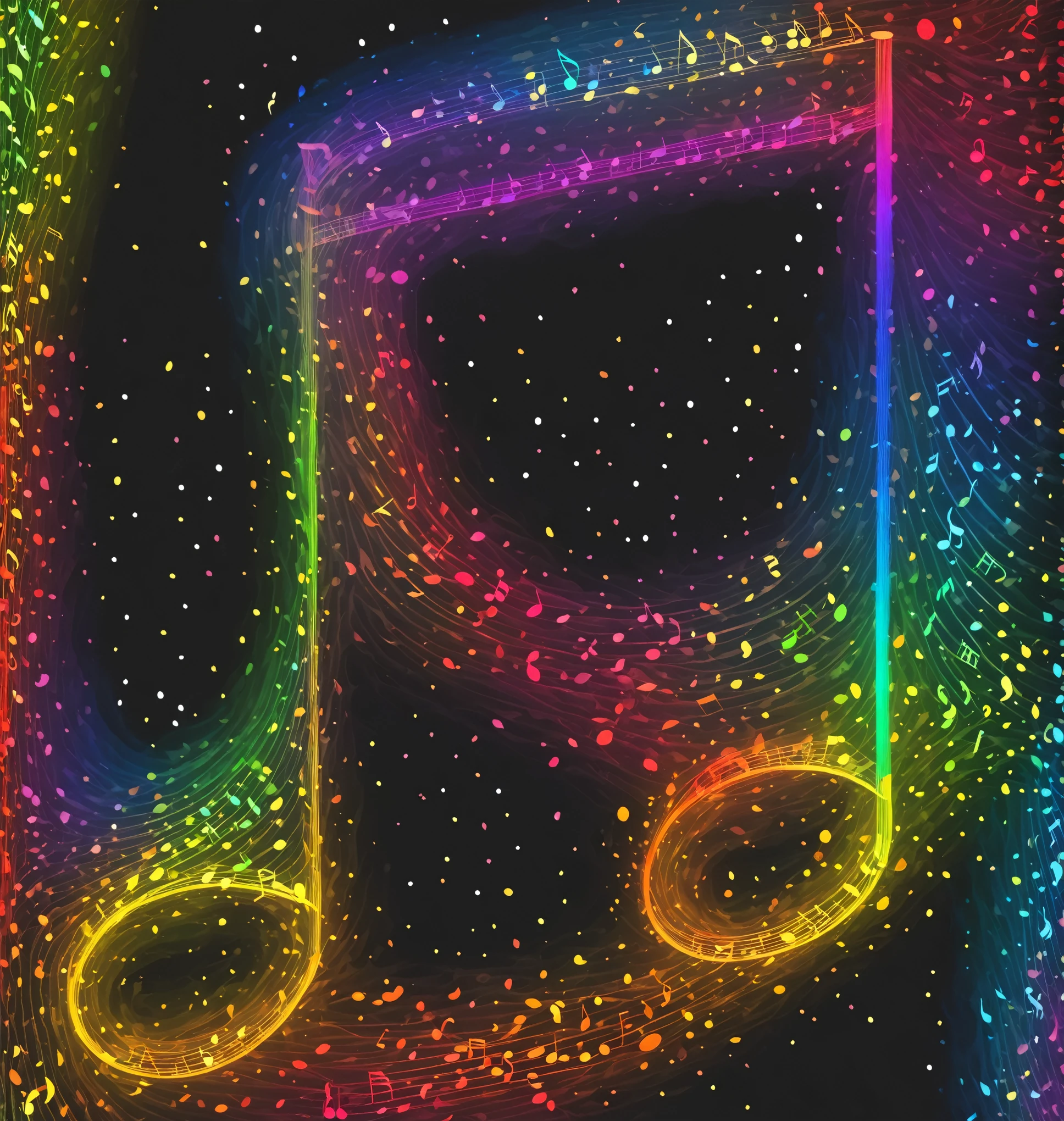 Black background, rainbow colored musical notes