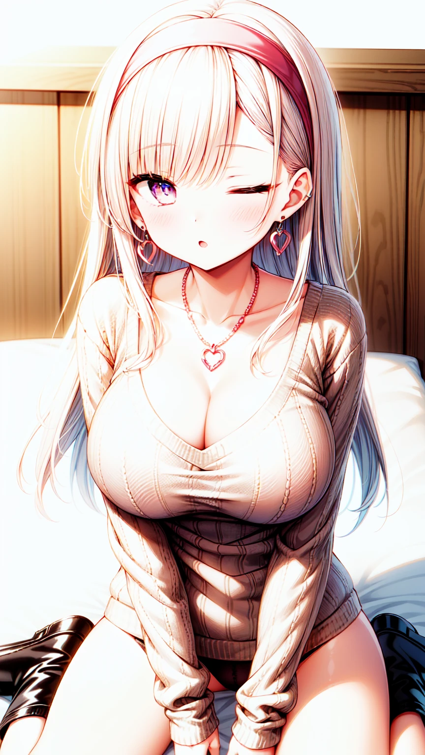 1girl, jewelry, solo, large breast, earrings, looking_at_viewer, long_hair, heart_earrings, hairband, purple_eyes, white_hair, pink_hairband, bangs, ;o, one eyes closed, panties, necklace, collarbone, blush, parted_lips, sweater, long_sleeves, heart, sleeves_past_wrists, open_mouth, shirt, pink_shirt, hand_up, pink_sweater, blurry, cleavage cutout, wariza