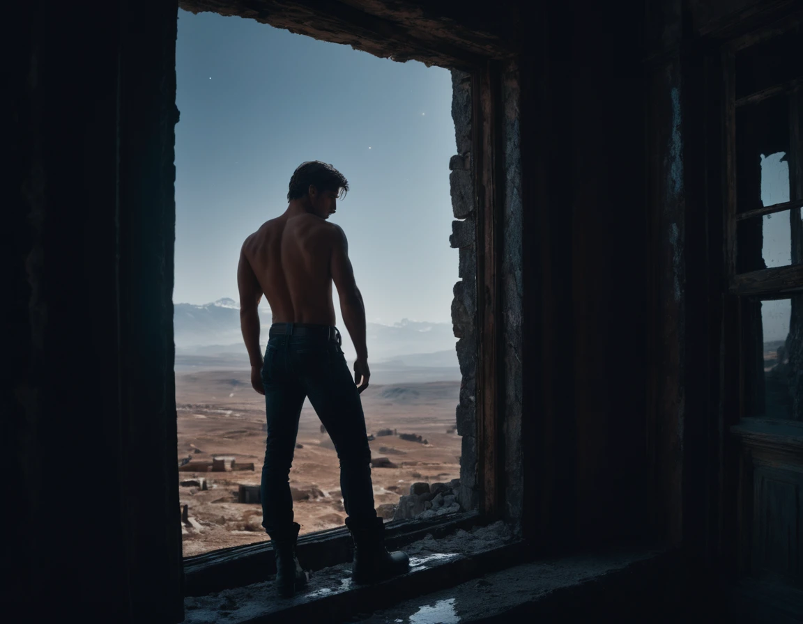 glamour shot (close-up:0.9) from side of a sad topless male in his 20s leaning on a window at the end of the world, masterpiece, best quality, dslr, 8k, 4k, ultrarealistic, realistic, raytracing, subsurface scattering, volumetric light, 1boy, torn shirt, dirty, freezing, boots, epic, apocalypse, abandoned, night, film grain, (intricate details), (intricate details, hyperdetailed:1.2), artstation, cinematic shot, vignette, dark theme, complex background, building, from bottom, dynamic pose, unique pose,