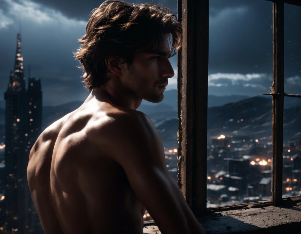 glamour shot (close-up:0.9) from side of a sad topless male in his 20s leaning on a window at the end of the world, masterpiece, best quality, dslr, 8k, 4k, ultrarealistic, realistic, raytracing, subsurface scattering, volumetric light, 1boy, torn shirt, dirty, freezing, boots, epic, apocalypse, abandoned, night, film grain, (intricate details), (intricate details, hyperdetailed:1.2), artstation, cinematic shot, vignette, dark theme, complex background, building, from bottom, dynamic pose, unique pose,