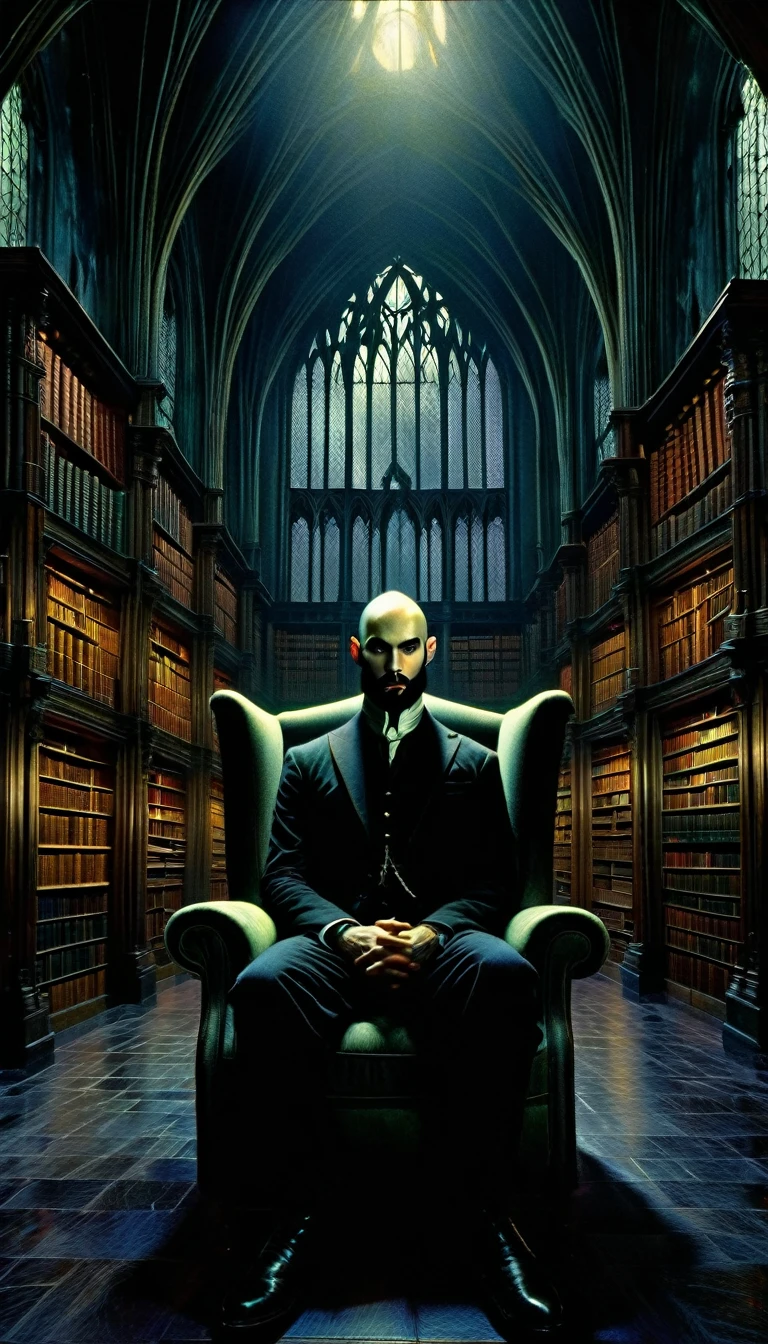 a thin, bald young man with a black beard, sitting in an armchair in a large library where the books have life, surreal, vampiric, dark and horror tones, Dave McKean art inspired, (best quality,4k,8k,highres,masterpiece:1.2),ultra-detailed,(realistic,photorealistic,photo-realistic:1.37),detailed facial features, striking eyes, dramatic lighting, moody atmosphere, intricate details, fantastical elements, gothic, dramatic shadows, eerie,unsettling