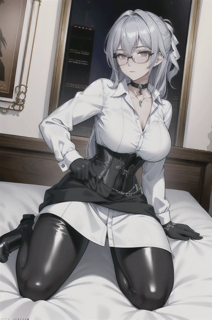 Masterpiece, Beautiful art, professional artist, 8k, art style by sciamano240, rostro de Bronya Zaychik, detailed body, Very detailed face, very detailed eyes, Detailed clothing, detailed fabric, Best Quality, better resolution, 1 girl, front view, kneeling on a bed, big breasts, serious expression, at night , silver hair, glasses, choker:1.6, (long sleeve white collar buttoned shirt), (shiny black corset), black gloves covering your hands, (shiny black leggings), looking at the viewer, elegant room, at night