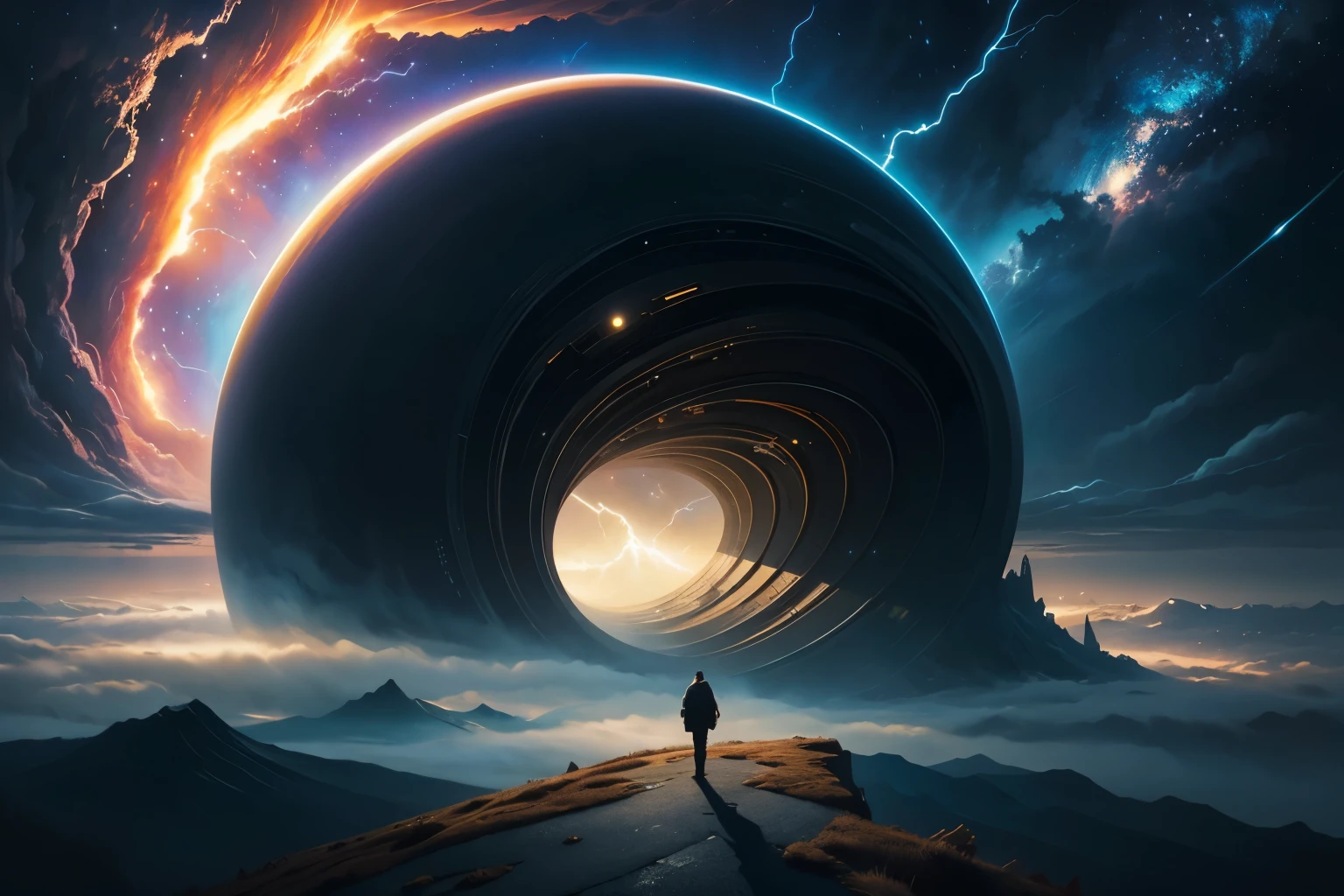 a man standing on a hill looking at a distant landscape, digital art inspired by Cyril Rolando, trending on Artstation, space art, tim hildebrandt, artgem and John Berkey masterpiece, and jeremiah ketner, realism | John Berkey, beeple and jean giraud, beeple and greg rutkowski painting of a large cloud with a a gaping black hole to space, a surrealist painting by Michael Sutfin, shutterstock contest winner, surrealism, android jones and rhads, cloud vortex, thick swirling lightning ring, surrealistic painting, surrealist landscape painting, thunder clouds modernism, surreal scene, surreal clouds, jacek yerka and vladimir kush, surreal painting, lightning , star fields, the entire ground is made of reflective obsidian