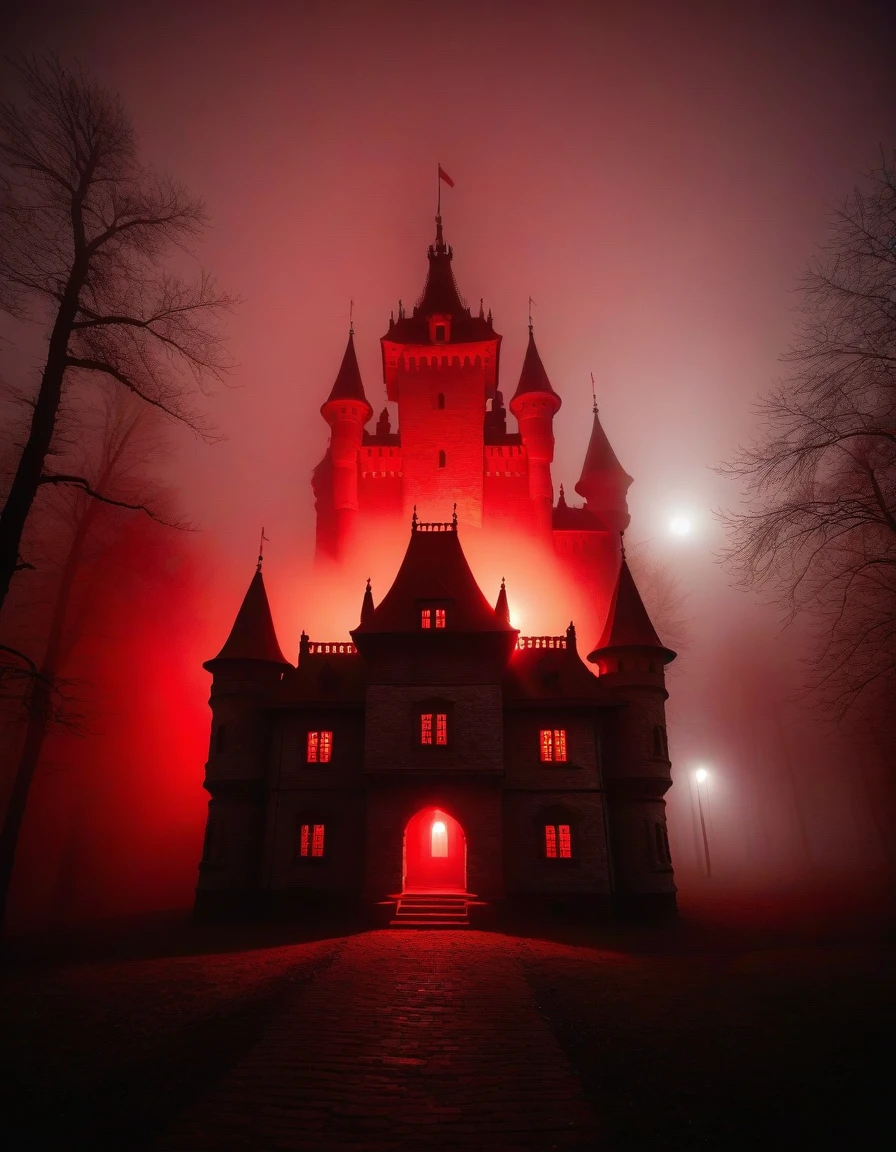 Scary Castle, horror, red glow, fog, fogность, The light from the lantern