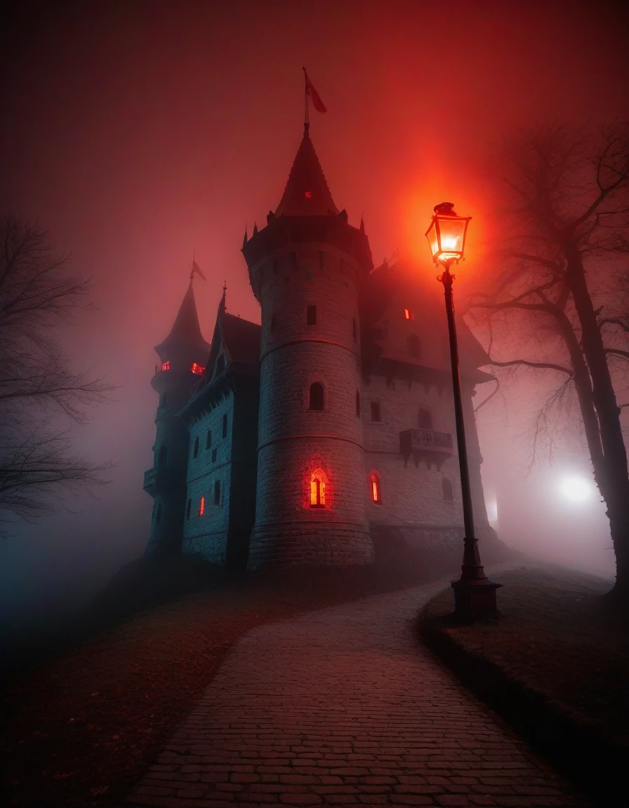 Scary Castle, horror, red glow, fog, fogность, The light from the lantern