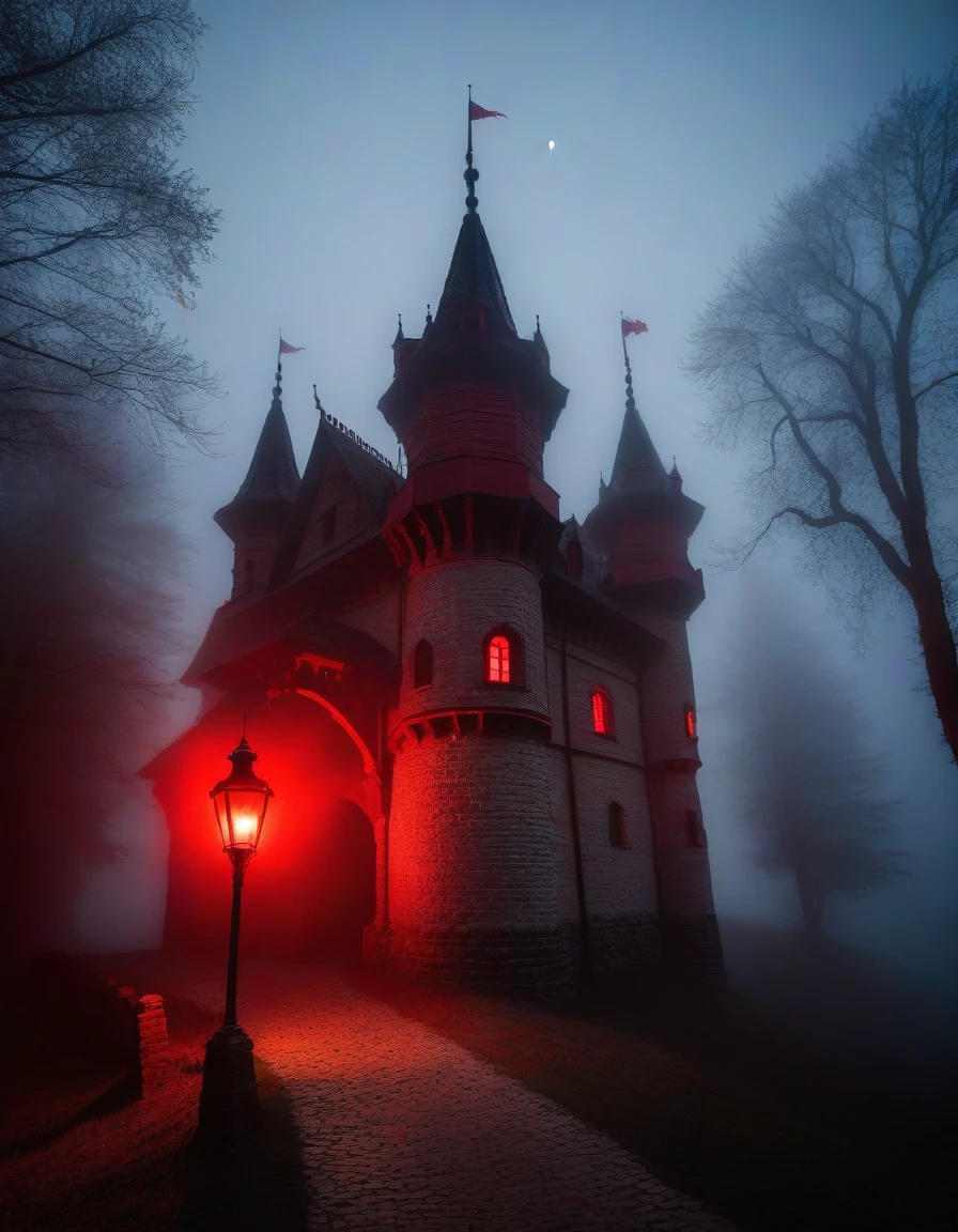 Scary Castle, horror, red glow, fog, fogность, The light from the lantern