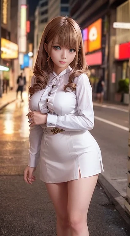 A woman in a white shirt and miniskirt posing on a street corner, Enchanting anime girl, Sexy Girl, Photorealistic perfect body, Beautiful and attractive anime woman, Super Real Anime, Surreal女子高生, Japanese Goddess, Surreal , Sexy Costumes, Highly realistic photos, very Sexy Costumes, tits, Real life anime girls, Interesting outfits