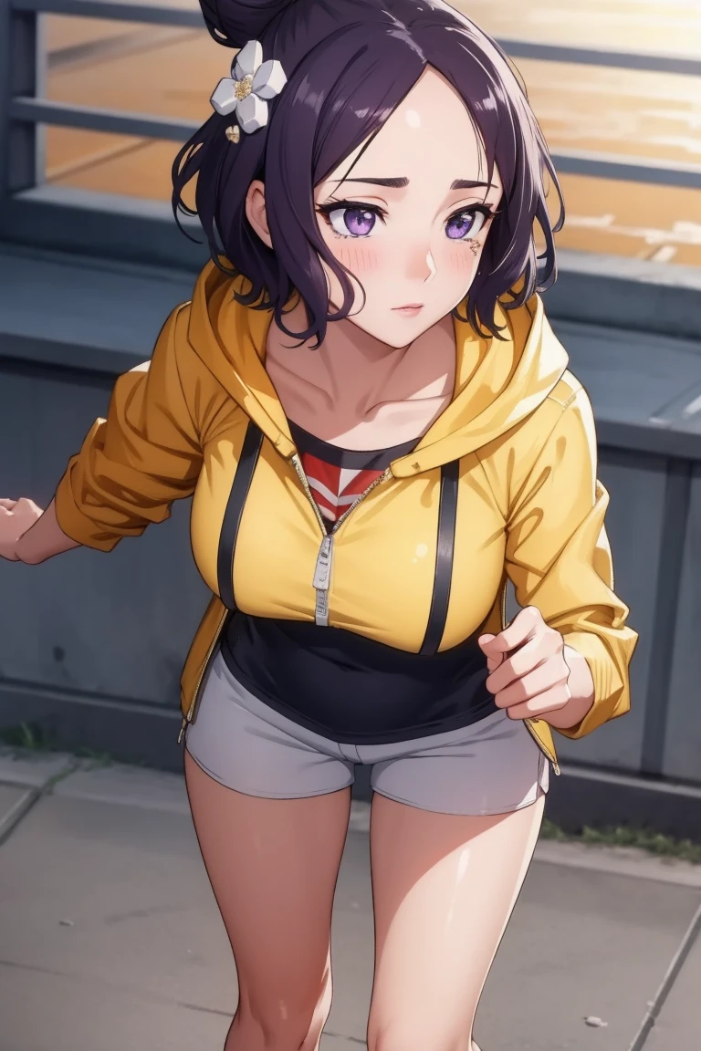 (day:1.7), standing forehead a una montaña cubierta de nieve, winter,(close up:1.4),
standing,bare legs,
yellow Jacket, open jacket, sports well, bike shorts, diaphragm,
Hokusai, short hair, hits, hair ornament, (purple eyes:1.1), purple hair, flower, hair flower, hood, Bun, single Bun,
1 girl, 20 years,mature woman,beautiful Finger,beautiful long legs,beautiful body,beautiful Nose,beautiful character design, Perfect eyes, perfect face,
looking at the viewer,(light_SMILE:0.3),(closed_boca),
NSFW,Official Art,Extremely detailed CG unity 8k wallpaper, perfect lighting,showy, bright_forehead_face_Turning on,
(Masterpiece:1.0),(better_quality:1.0), ultra high resolution,4k,ultra detailed,
Photography, 8k, HDR, high resolution, absurdities:1.2, 400 for Kodak port, film grain, blurred background, bokeh:1.2, Lens flare, (Vibrant_color:1.2)
(beautiful,half_old:1.4), (beautiful_face:1.5),(narrow_waist),(perfect hands, perfect anatomy),Porn 