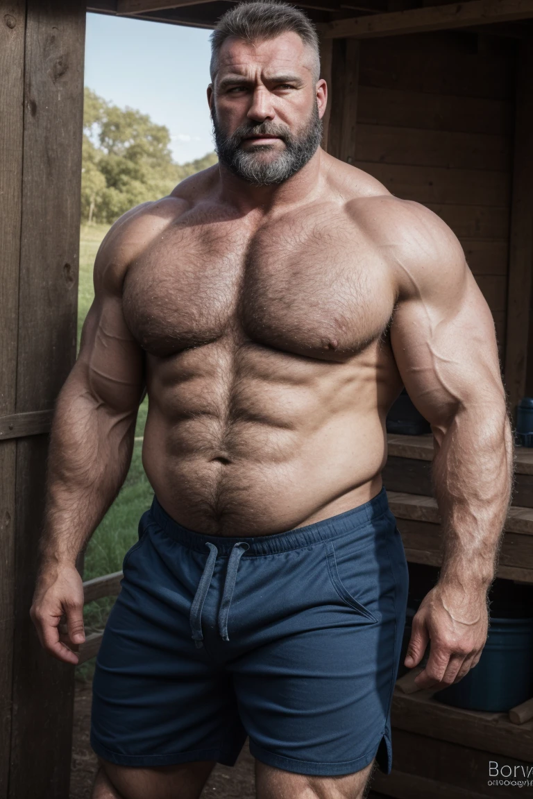 8K HIGH RESOLUTION HDR Very Extremely Realistic Very Detailed High Quality Create a professional studio-style 8K HDR Very Real photograph featuring a middle-aged daddy rugged bodybuilder muscle bears man , burly, very realy detailed hairy, 8K very realistic beared big daddy muscle bear, and 8K very realistic detailed rugged burly man in shorts. Very Realistic detailed shorts, very realistic hair, very realistic beards, very realistic thick neck, very realistic neck lines, very realistic detailed neck, very realistic belly, very realistic burly chest, very realistic detailed hairy burly strong chest and arms, very realistic detailed hairy burly strong chest and arms, very realistic pecs, very realistic burly muscle bear body, very realistic nipples, very realistic burly muscle bear body, very realistic face, very realistic detailed face, very realistic eyes, very realistic detailed eyes, very realistic pupils, very realistic detailed pupils, very realistic nose, very realistic ears, very realistic facial features, very realistic burly arms, very realistic elbows, very realistic hands, very realistic pecs, very realistic belly, very realistic human man body, very realistic bellybutton, very realistic wrists, very realistic fingers, very realistic fingernails, very realistic shoulders, very realistic mouth, very realistic lips, very realistic detailed skin, very realistic skin, very realistic mens clothing, very realistic detailed mens clothing. 8K HDR Very Realistic Hairy Bearded Burly Muscle bear Photoshoot, A very realistic burly muscle bear man in a Farm, 8K HDR Very Realistic Intricately Detailed, 8K HDR very realistic detailed Farm surroundings, 8K HDR very realistic surroundings lighting, No Deformities, captured with a 85mm lens by a world famous photographer, 8K HDR Very Ultra Realistic and 8K HDR Very Realistic Photograph, 8K HDR Clear HDR Quality full with very realistic real details