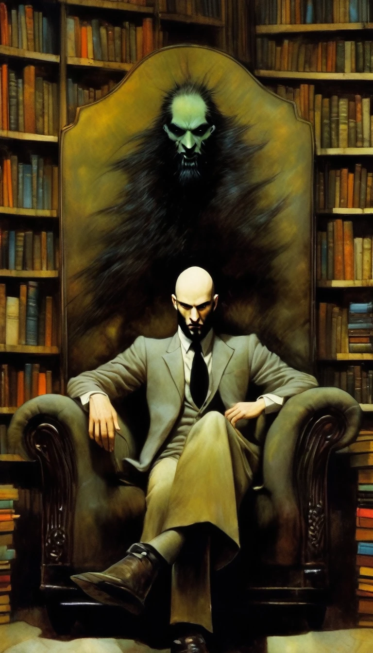 young man, bald with a black beard, very thin, sitting in an armchair in a large library where the books have life, surrealism, vampires, dark tones, horror tones, Dave mckean art inspired
