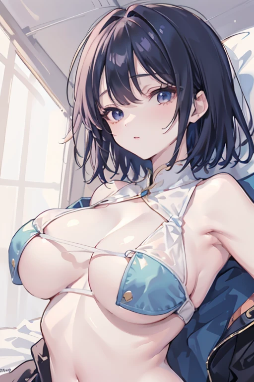 1girl,solo,(A face seen from afar),closeup underboob,(closeup underboob,underboob focus:1.3),lying on bed,perspective,arch bend,mochi shaped breasts,deformed breasts,blue hair,Cobalt Hair,Short hair