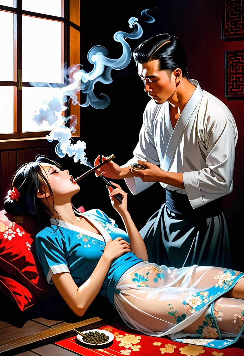 A man is making a Chinese young woman in a Chinese dress smoke drug with an opium pipe. The man holds the opium pipe in his hand, He makes the opium pipe put on her mouth to force her to smoke the drug. The young woman is really high, completely drugged up. (The young woman is really high, completely drugged) ((The young woman is really high, completely drugged up)) The young girl is addicted to drugs and she cannot stop smoking the drug. She can’t walk, stand or settle due to the drug effect,, and she leaned against the man. The skin is translucent white and Her breasts are about a C cup. The man is about to rape her. The room is full of smoke