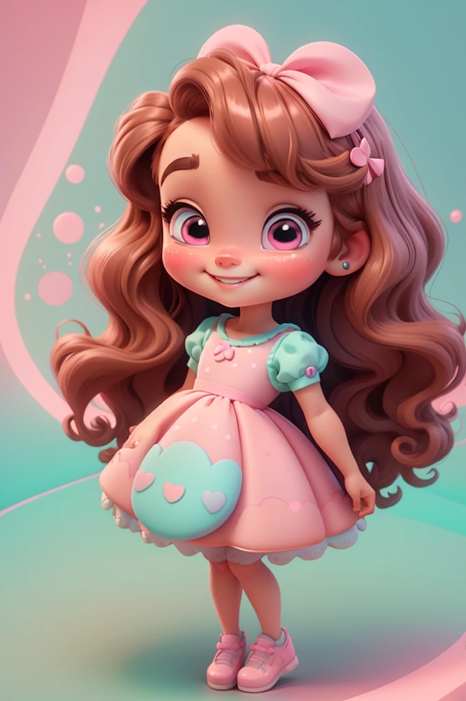 3d illustration, pixar style, cute chibi, baby girl ariana grande brown hair, long hair, pink bow in hair, dress aqua ciano with white dots, bright eyes look like inside out character of movie, candy colors, pastel colors, smiling, glitter, light pink shoes, exuberant