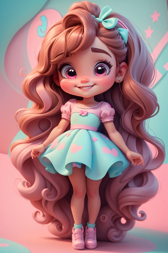 3d illustration, pixar style, cute chibi, baby girl ariana grande brown hair, long hair, pink bow in hair, dress aqua ciano with white dots, bright eyes look like inside out character of movie, candy colors, pastel colors, smiling, glitter, light pink shoes, exuberant
