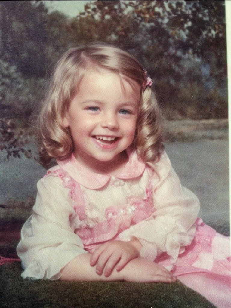 Small with pale, silky, short dark blonde hair with small curls and light blue eyes, taking a photo smiling showing the distracted tongue and the quality of old cameras