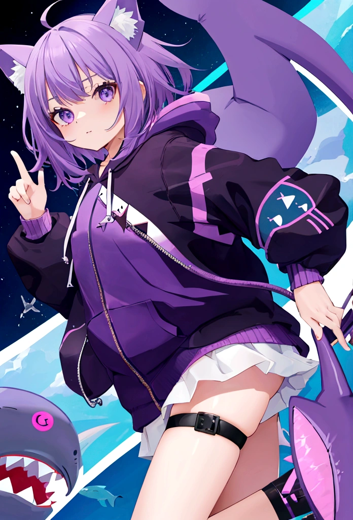 cute girl, shark hoody, vtuber, teenager, purple color shark costume, hime haircut, short body, 