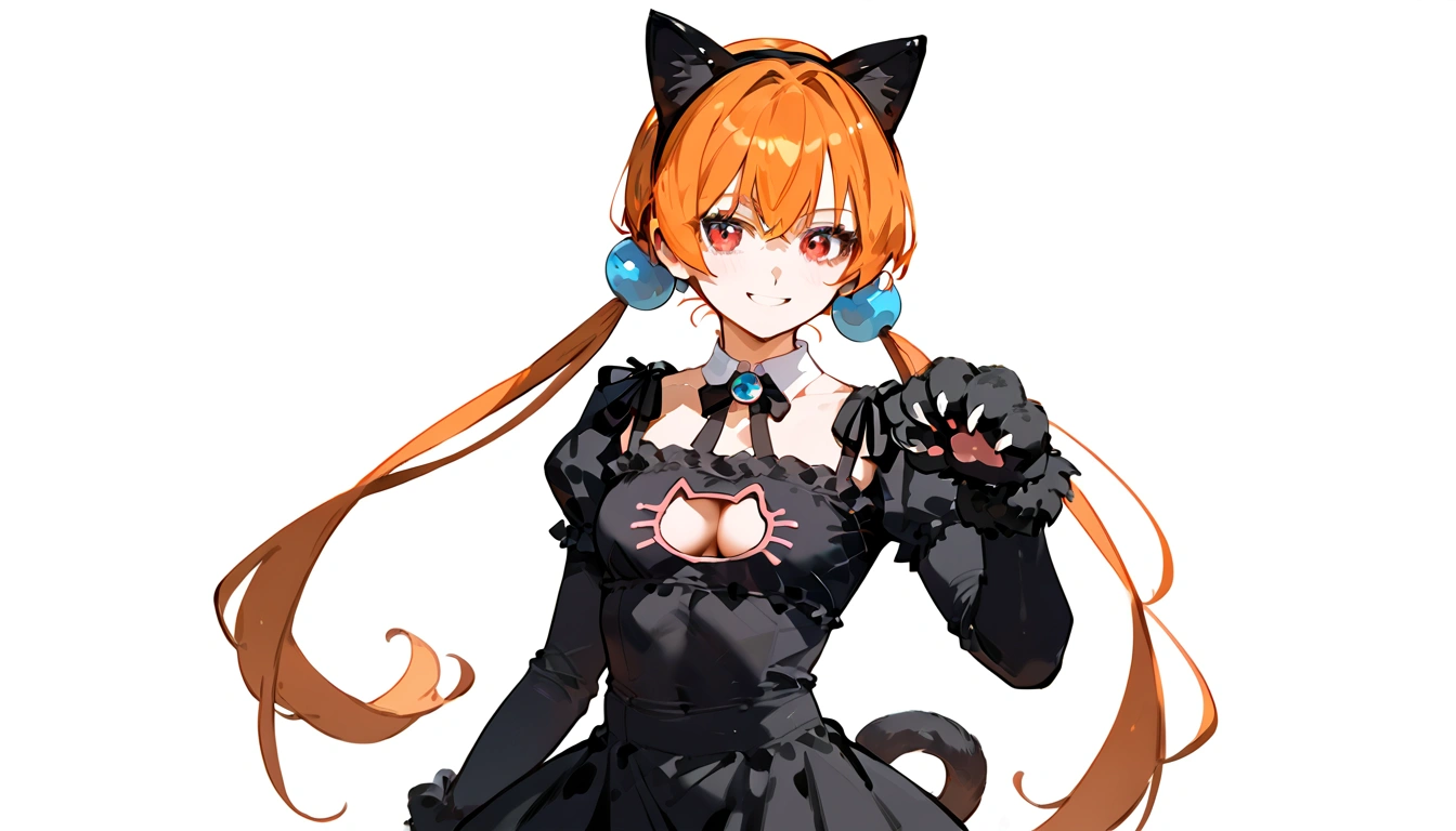 anime artwork, score_9, score_8_up, score_7_up, score_6_up, score_5_up, score_4_up,alisasr, 1girl, orange hair, red eyes, fake black cat ears, hairband, long hair, very long hair, twintails, hair ornament, hair bobbles, low twintails,, \\\\\\ \\\\\ , cat lingerie, paws gloves, cat tail, the pose, , claws, forced smile
