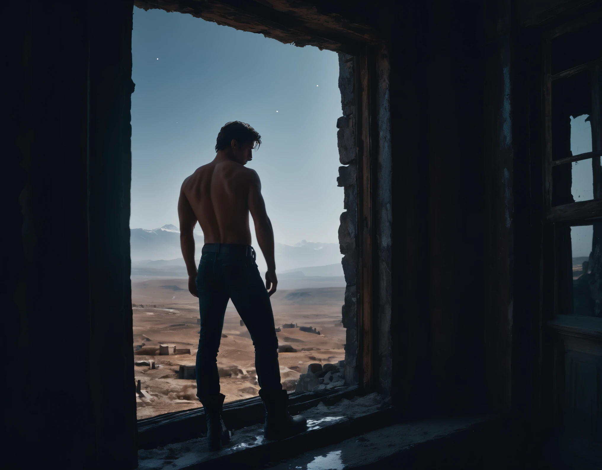 glamour shot (close-up:0.9) from side of a sad topless male in his 20s leaning on a window at the end of the world, masterpiece, best quality, dslr, 8k, 4k, ultrarealistic, realistic, raytracing, subsurface scattering, volumetric light, 1boy, torn shirt, dirty, freezing, boots, epic, apocalypse, abandoned, night, film grain, (intricate details), (intricate details, hyperdetailed:1.2), artstation, cinematic shot, vignette, dark theme, complex background, building, from bottom, dynamic pose, unique pose,