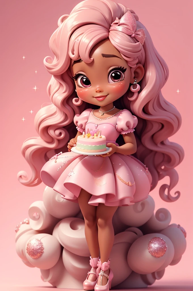 Centered on white background, a glossy oil illustration of a cheerful African woman in Chibi style, slim and chic, with glossy light skin, She has long, cascading curls styled ,wearing a pink dress with sparkles, holding a birthday cake. 3d, chibi, whimsical, solid background, glitter shoes
