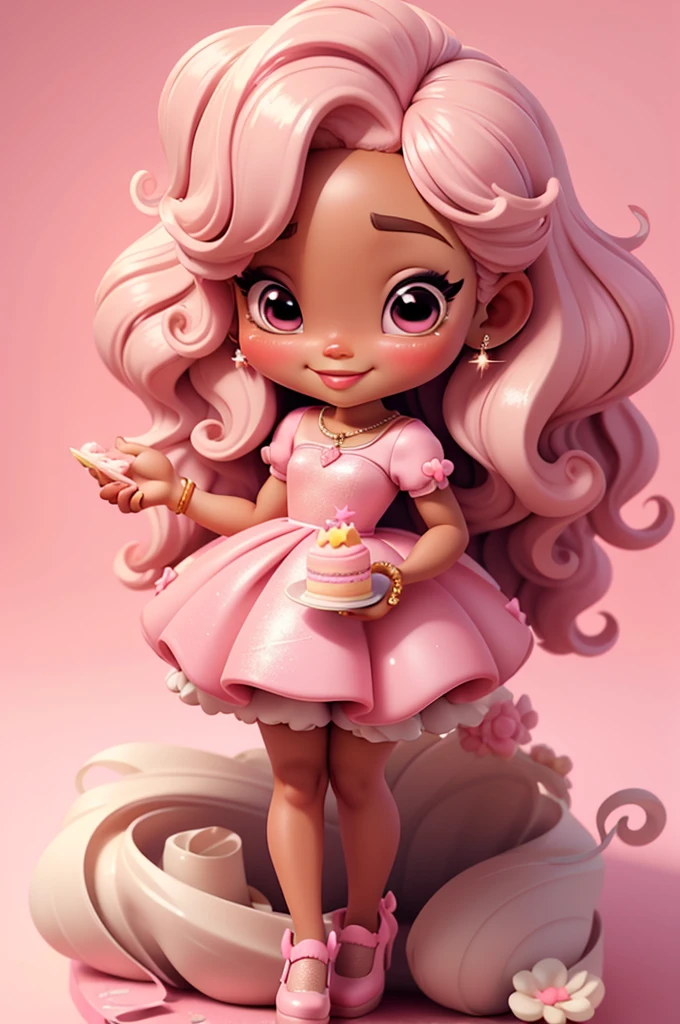 Centered on white background, a glossy oil illustration of a cheerful African woman in Chibi style, slim and chic, with glossy light skin, She has long, cascading curls styled ,wearing a pink dress with sparkles, holding a birthday cake. 3d, chibi, whimsical, solid background, glitter shoes
