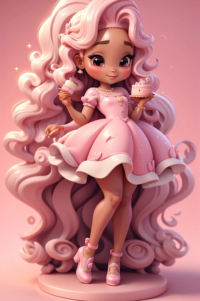 Centered on white background, a glossy oil illustration of a cheerful African woman in Chibi style, slim and chic, with glossy light skin, She has long, cascading curls styled ,wearing a pink dress with sparkles, holding a birthday cake. 3d, chibi, whimsical, solid background, glitter shoes
