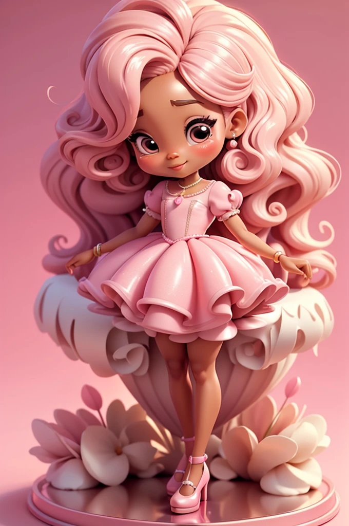 Centered on white background, a glossy oil illustration of a cheerful African woman in Chibi style, slim and chic, with glossy light skin, She has long, cascading curls styled ,wearing a pink dress with sparkles, holding a birthday cake. 3d, chibi, whimsical, solid background, glitter shoes