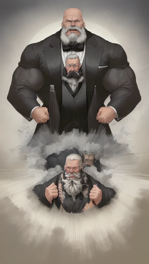 Very big man、American、Gray Hair、Skin color is dark、Very strong beard、Skinhead、Very large pectoral muscles、Draw the whole body、Wearing a black tuxedo