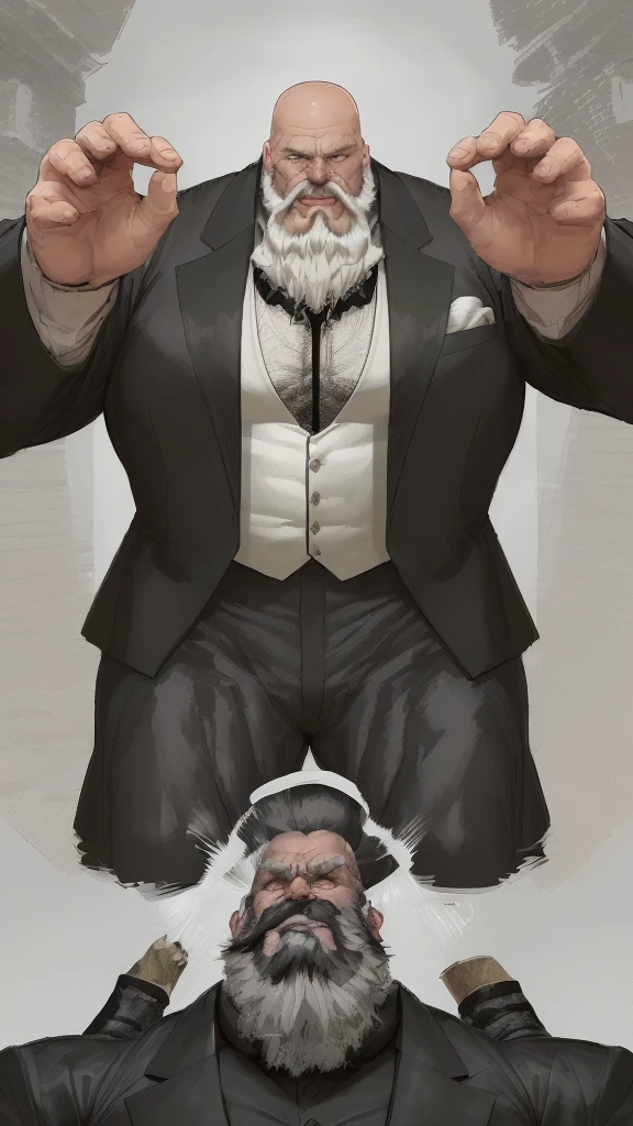 Very big man、American、Gray Hair、Skin color is dark、Very strong beard、Skinhead、Very large pectoral muscles、Draw the whole body、Wearing a black tuxedo