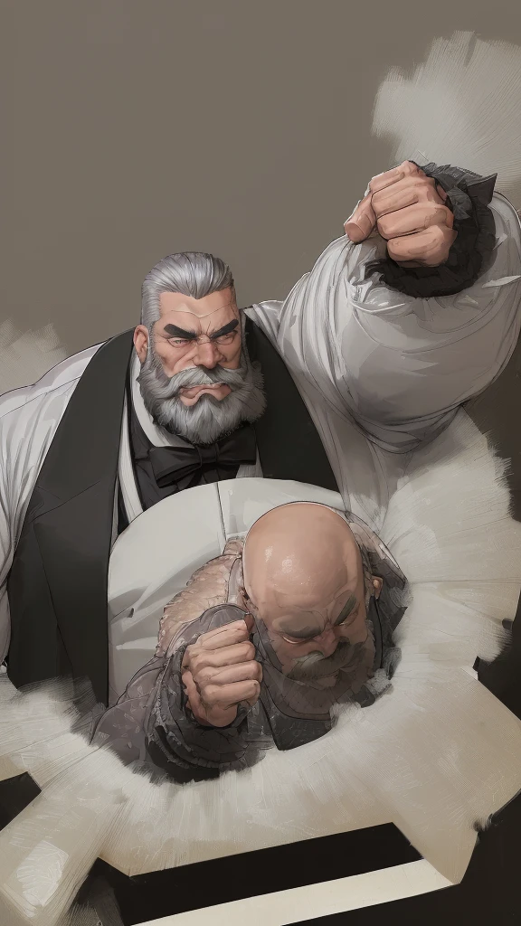 Very big man、American、Gray Hair、Skin color is dark、Very strong beard、Skinhead、Very large pectoral muscles、Draw the whole body、Wearing a black tuxedo