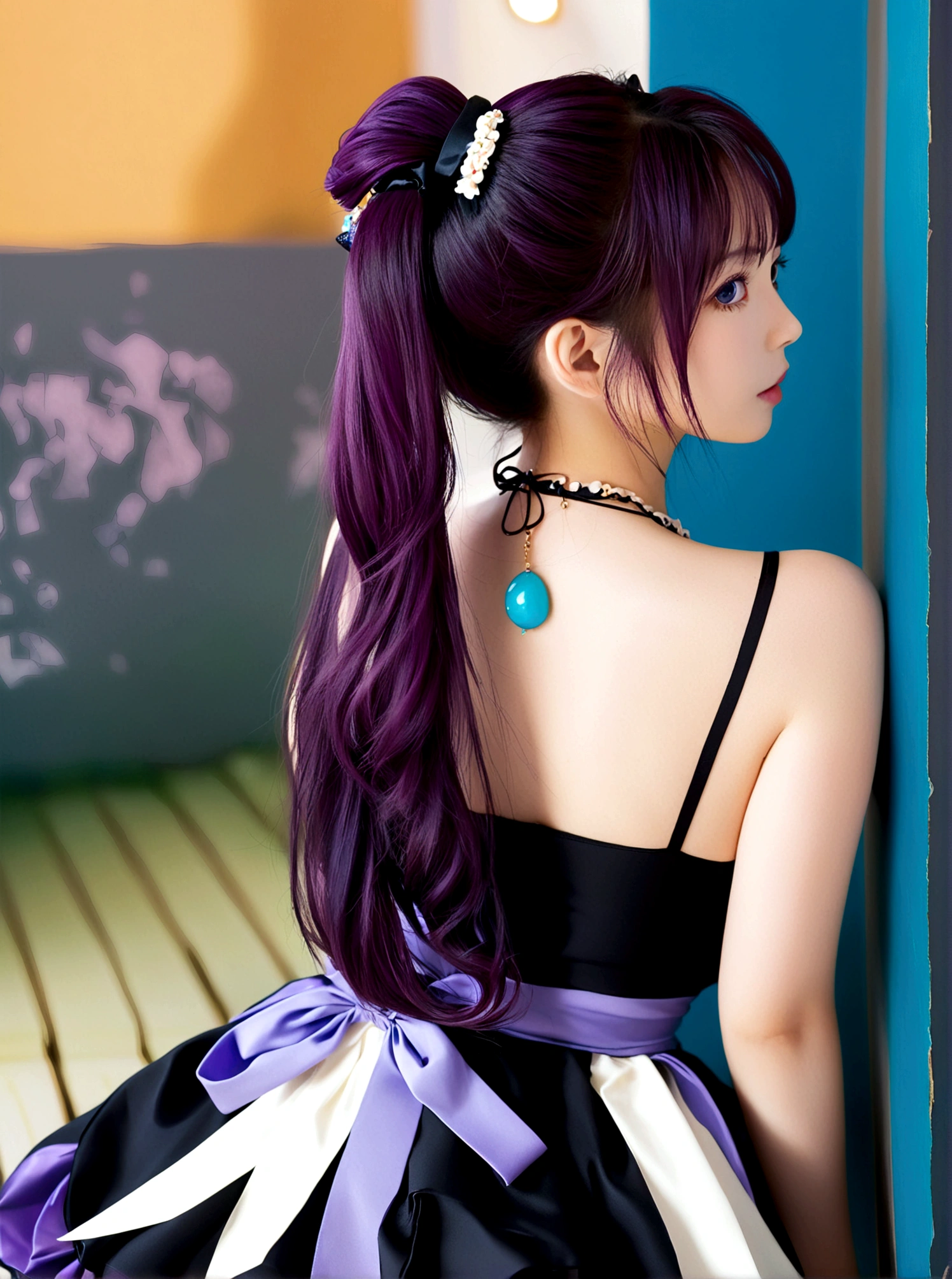 1girl, solo, long hair, looking at viewer, blue eyes, dress, jewelry, ponytail, purple hair, pantyhose, looking back, necklace, from behind, black pantyhose, scrunchie, senjougahara hitagi
