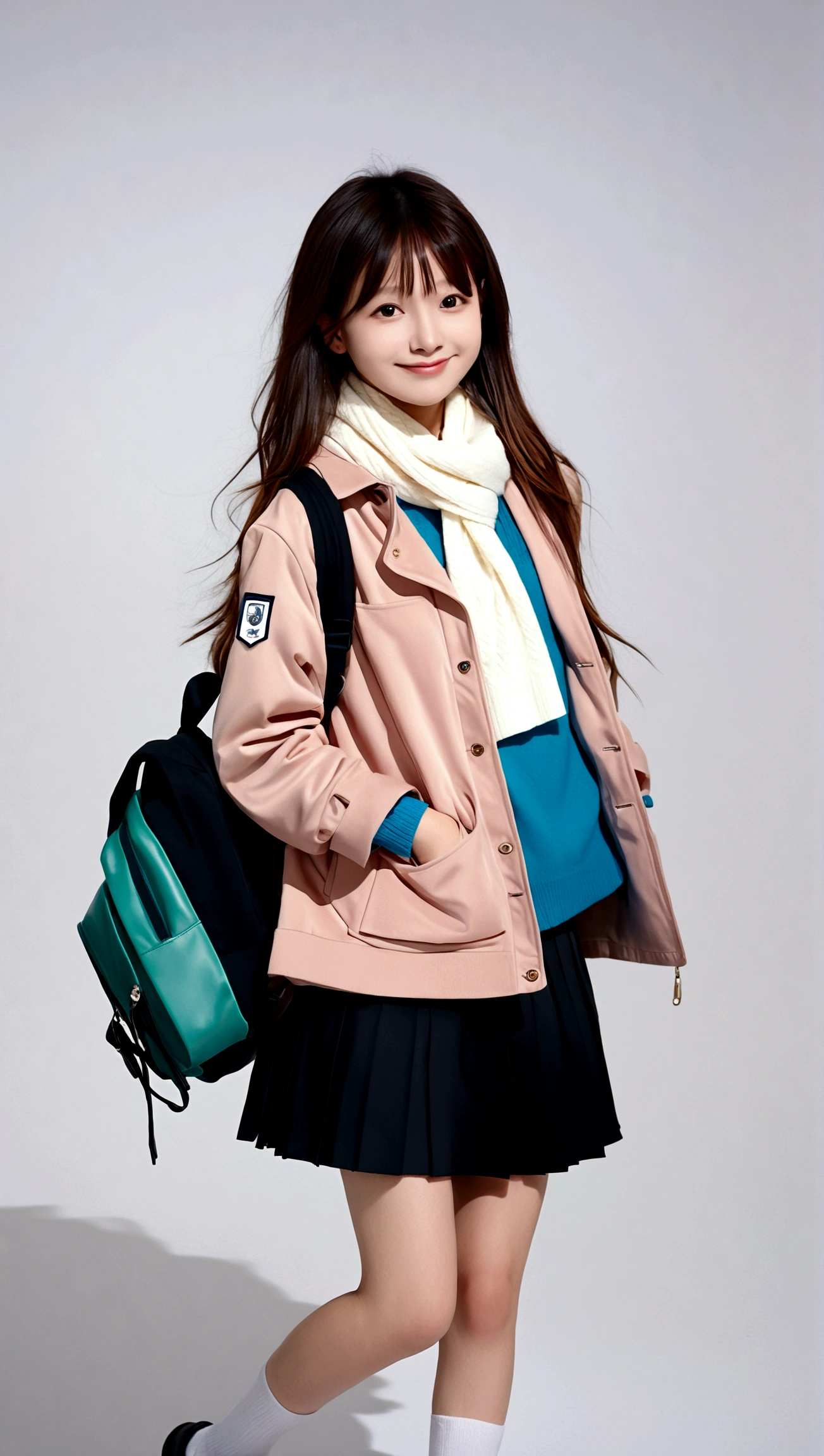 1girl, solo, long hair, looking at viewer, smile, skirt, simple background, brown hair, brown eyes, school uniform, jacket, pleated skirt, black skirt, bag, scarf, coat, gradient, gradient background, school bag, hands in pockets