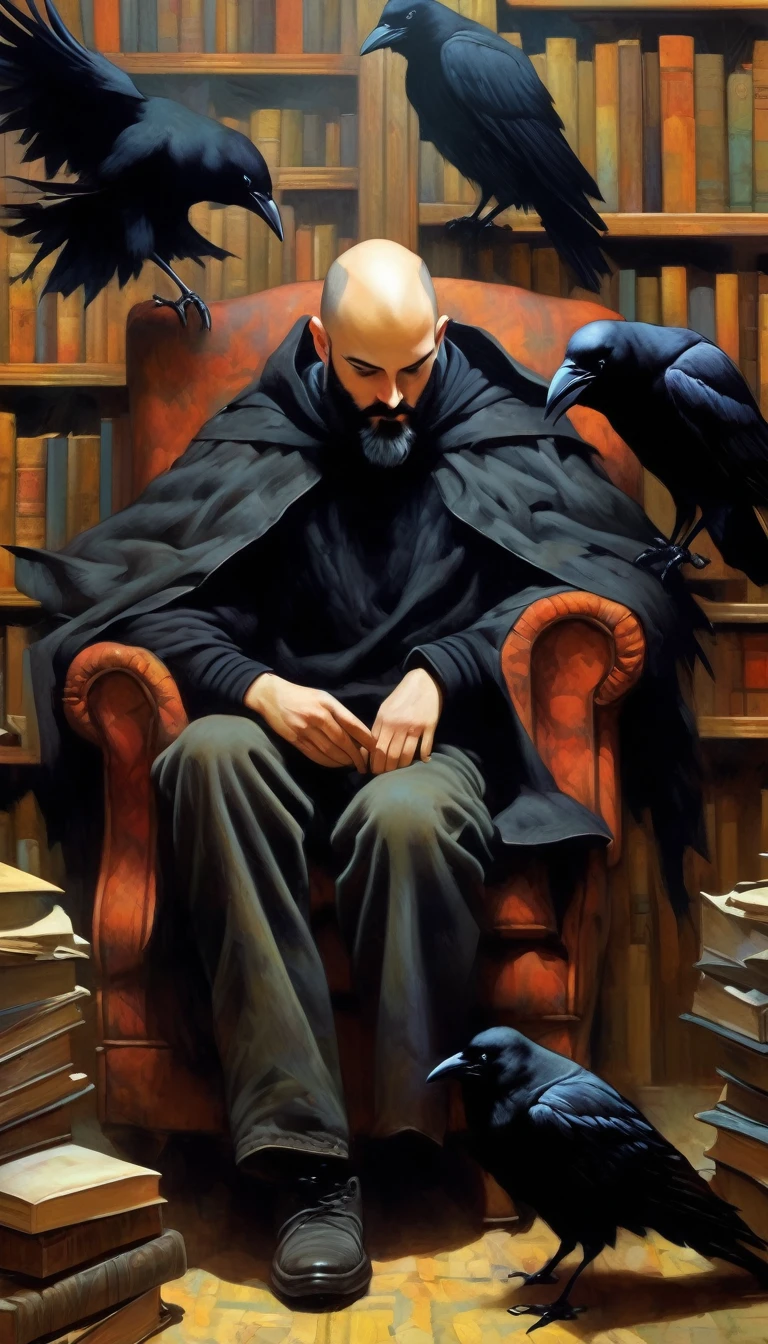 man and his pet crow, young man, bald with black beard, very thin, sitting in an armchair in a large library where books come to life, wearing a black sweatshirt and jeans, great disorder, surrealism, vampires, dark tones, horror tones, art inspired by dave mckean
