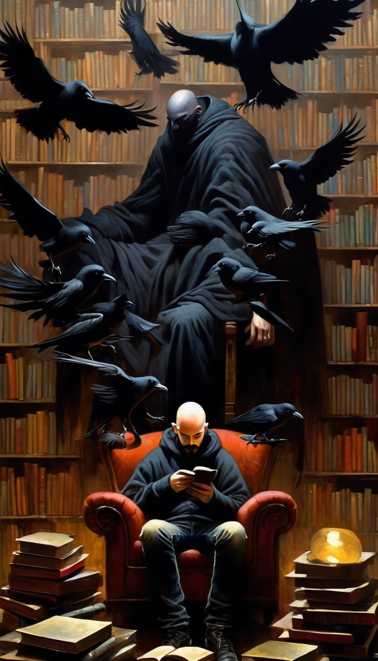 man and his pet crow, young man, bald with black beard, very thin, sitting in an armchair in a large library where books come to life, wearing a black sweatshirt and jeans, great disorder, surrealism, vampires, dark tones, horror tones, art inspired by dave mckean