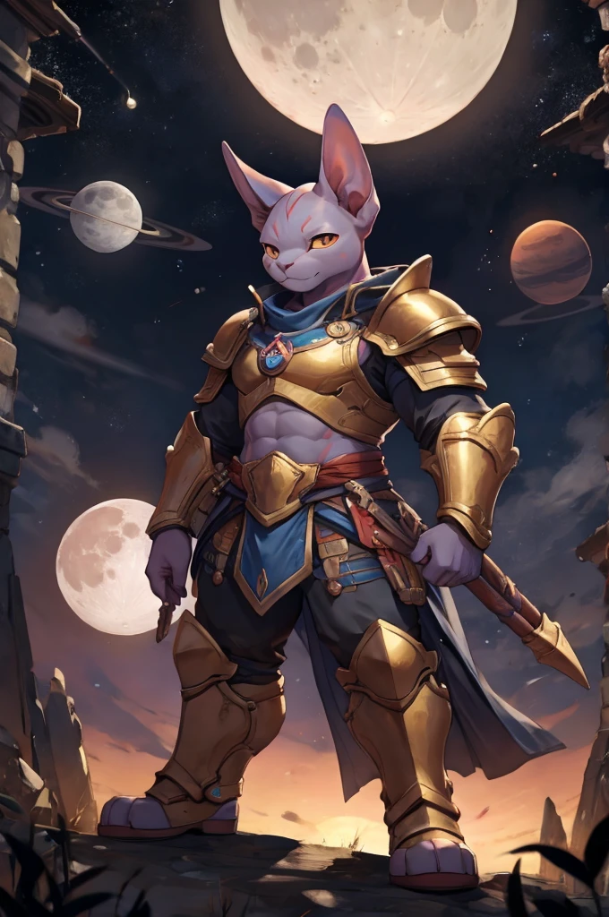 Sphynx cat in armor, planets, moon