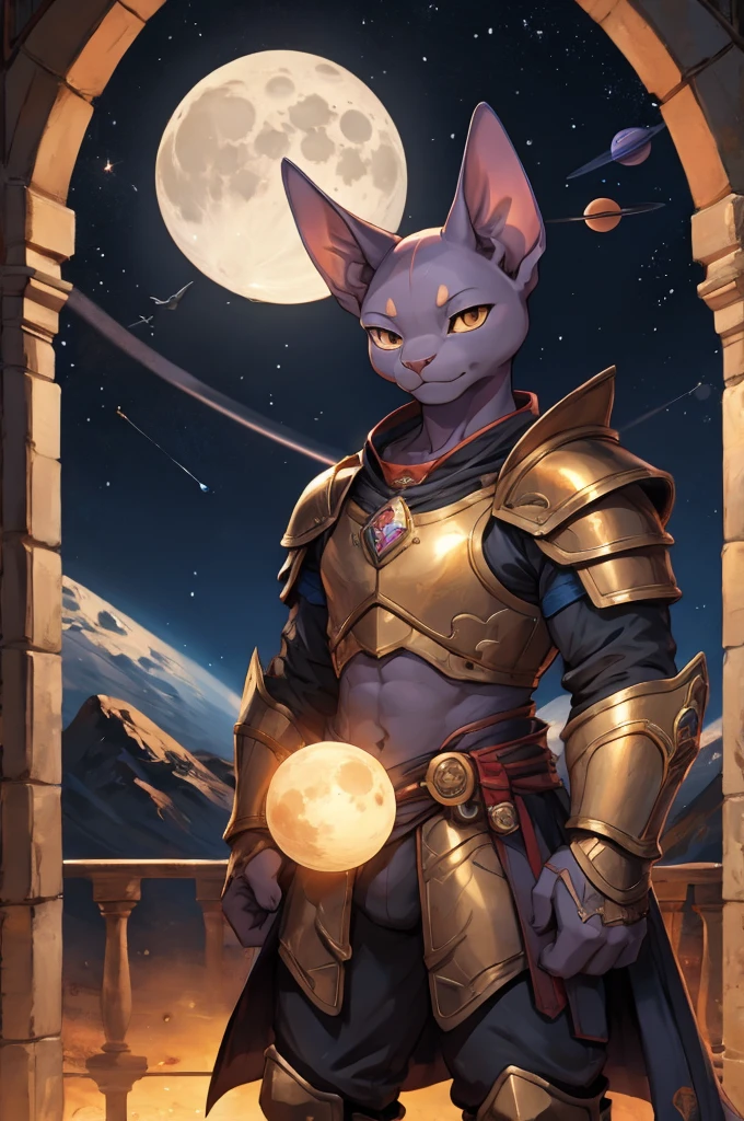 Sphynx cat in armor, planets, moon