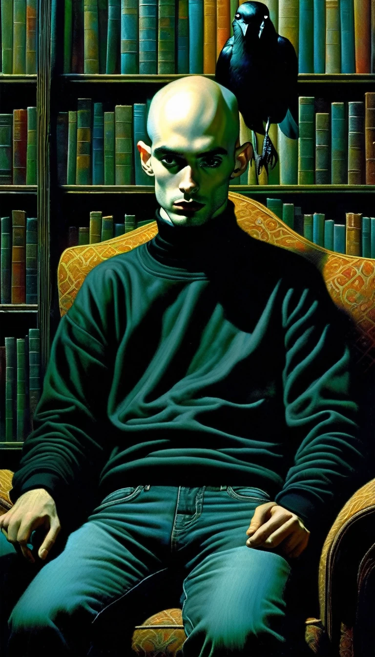 man and his pet crow, young man, bald with black beard, very thin, sitting in an armchair in a large library where books come to life, wearing a black sweatshirt and jeans, great disorder, surrealism, vampires, dark tones, horror tones, art inspired by dave mckean
